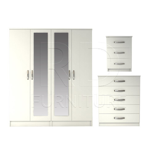 RD Furniture Ready assembled 3 Pcs Classic 4 Door Double Mirrored Wardrobe, Chest And Bedside Set White