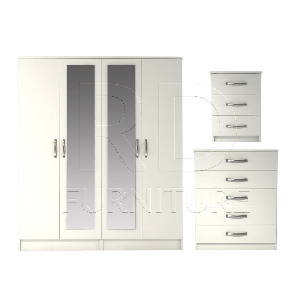 Ready assembled 3 Pcs Classic 4 Door Double Mirrored Wardrobe, Chest And Bedside Set White