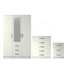 Ready Assembled Classic White 3-Piece Wardrobe Set: 3-Door 3-Drawer Mirrored Wardrobe, 5-Drawer Chest & Bedside