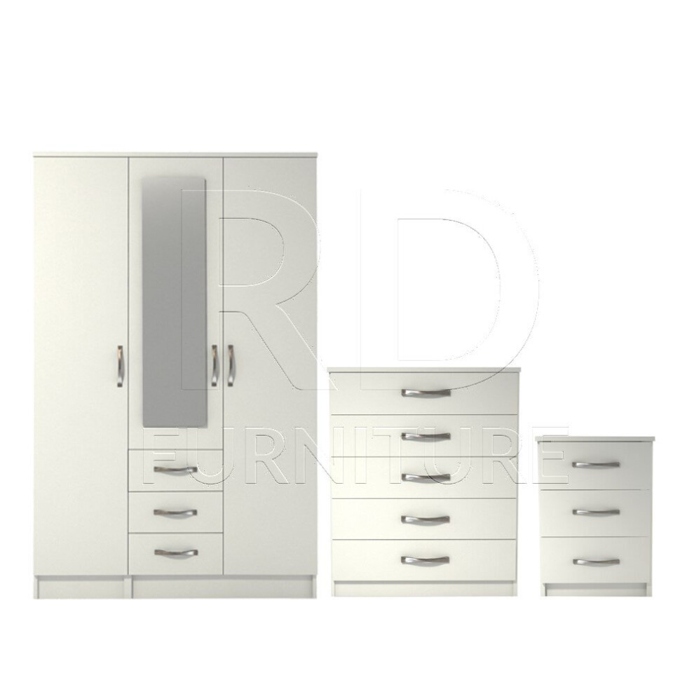 Ready assembled 3 Pcs Classic 3 Door 3 Drawer Combi Mirrored Wardrobe, Chest And Bedside Set White