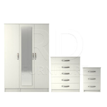 Ready assembled 3 Pcs Classic 3 Door Mirrored Wardrobe, Chest And Bedside Set White