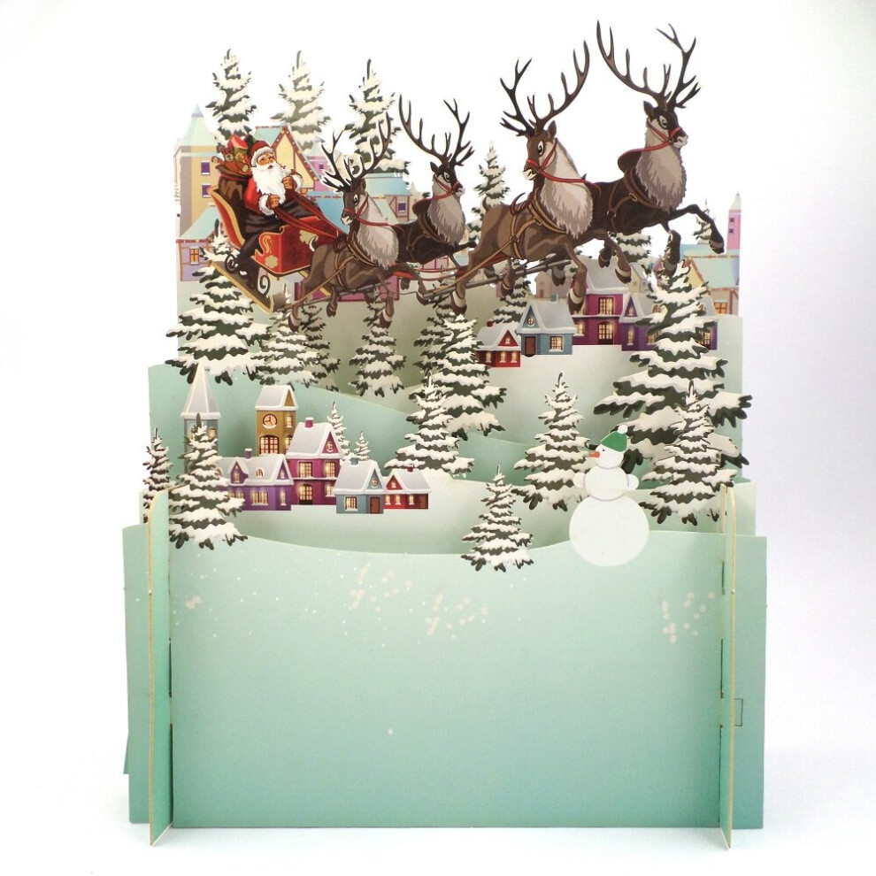 Santa's Sleigh Over Rooftops 3D Pop Up Christmas Greeting Card By Alljoy Cards