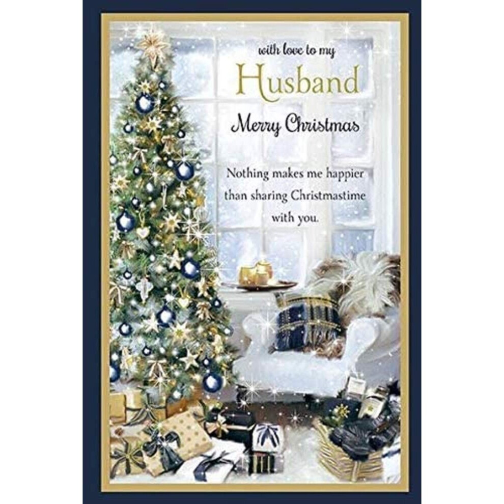 Paper Rose With Love To My Husband - Large Glittered Christmas Card