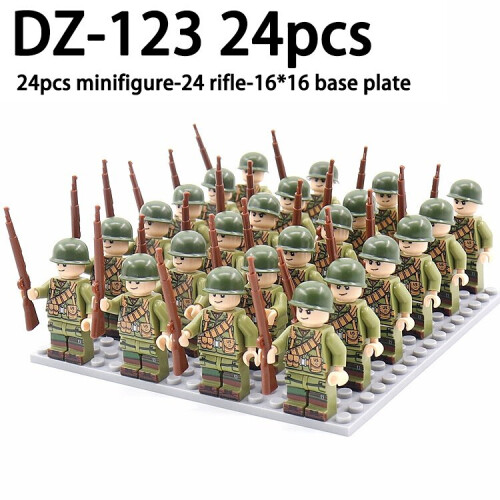 (DZ-123 24pcs) 24pcs Minifigures Military Building Blocks WW2 Rifle Models Assembling Military Games Suits Sand Tables 16*16 Base Plate