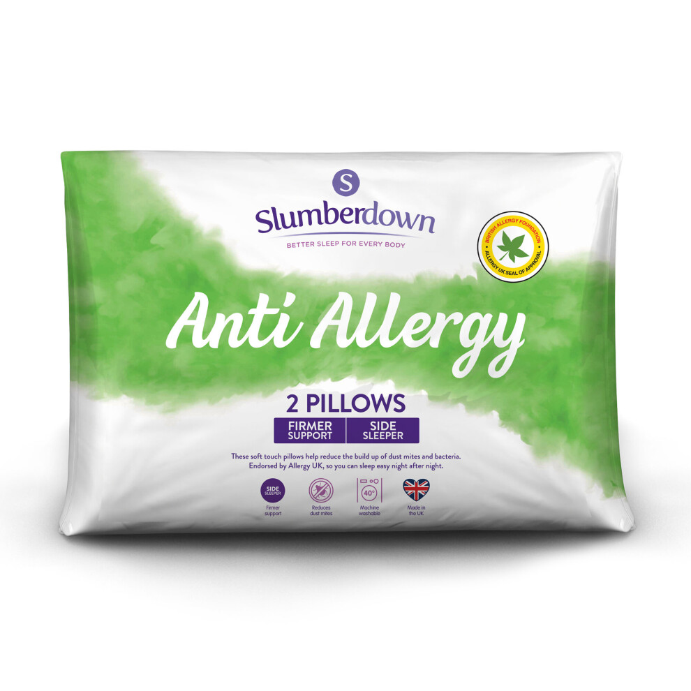 Slumberdown Firm Anti-Allergy Pillow 2 Pack - Uk Made, Side Sleeper, Hollowfibre, 1000020302