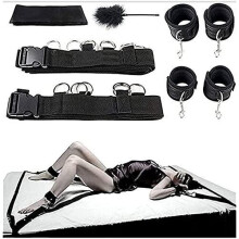 The Room Of Doom's Bondage Mattress Strap Kit, Including our Feather Little Miss Tickle Stick and the Prisoner Satin Eye-mask
