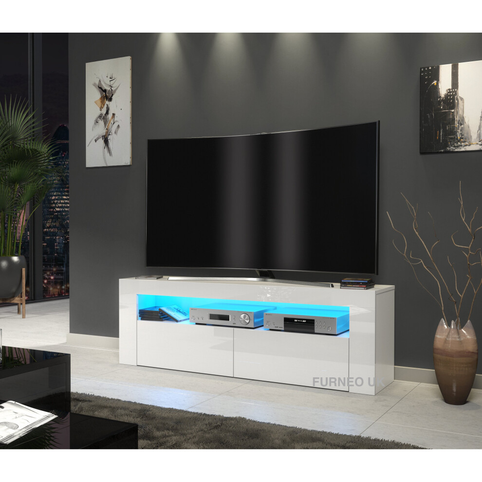 (Blue LED Lights) White TV Stand 125cm Cabinet Unit Gloss & Matt Clifton03 LED Lights