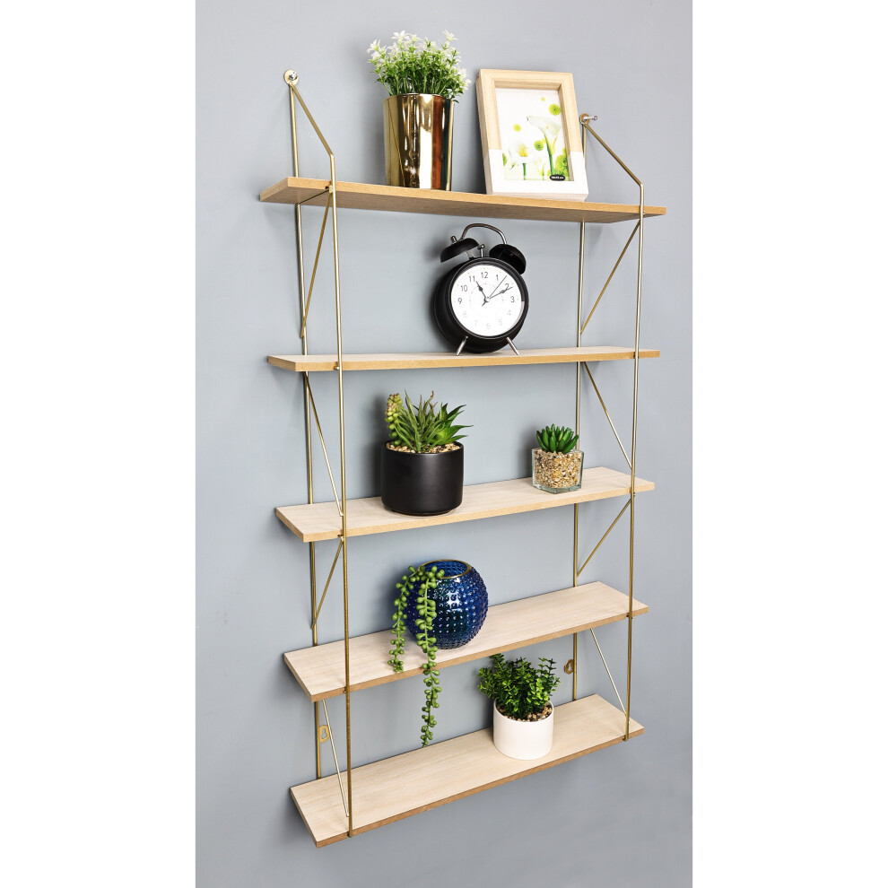 (0435 Gold) 5 Tier Metal Wire Wall Floating Shelves Storage Shelf Living Room