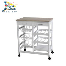 Bamboo &amp; MDF Kitchen Trolley Island with Lockable Wheels - 3-Tier Storage, Drawer, Wine Rack, 26x14.6x30in
