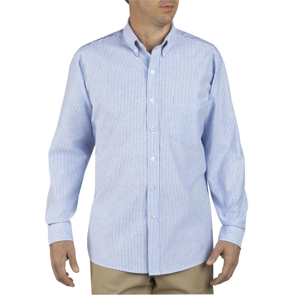 (Blue/White Striped, 19-19.5" Regular ) DICKIES Men's Shirt Long Sleeve OXFORD Button Down Blue White Tan Striped