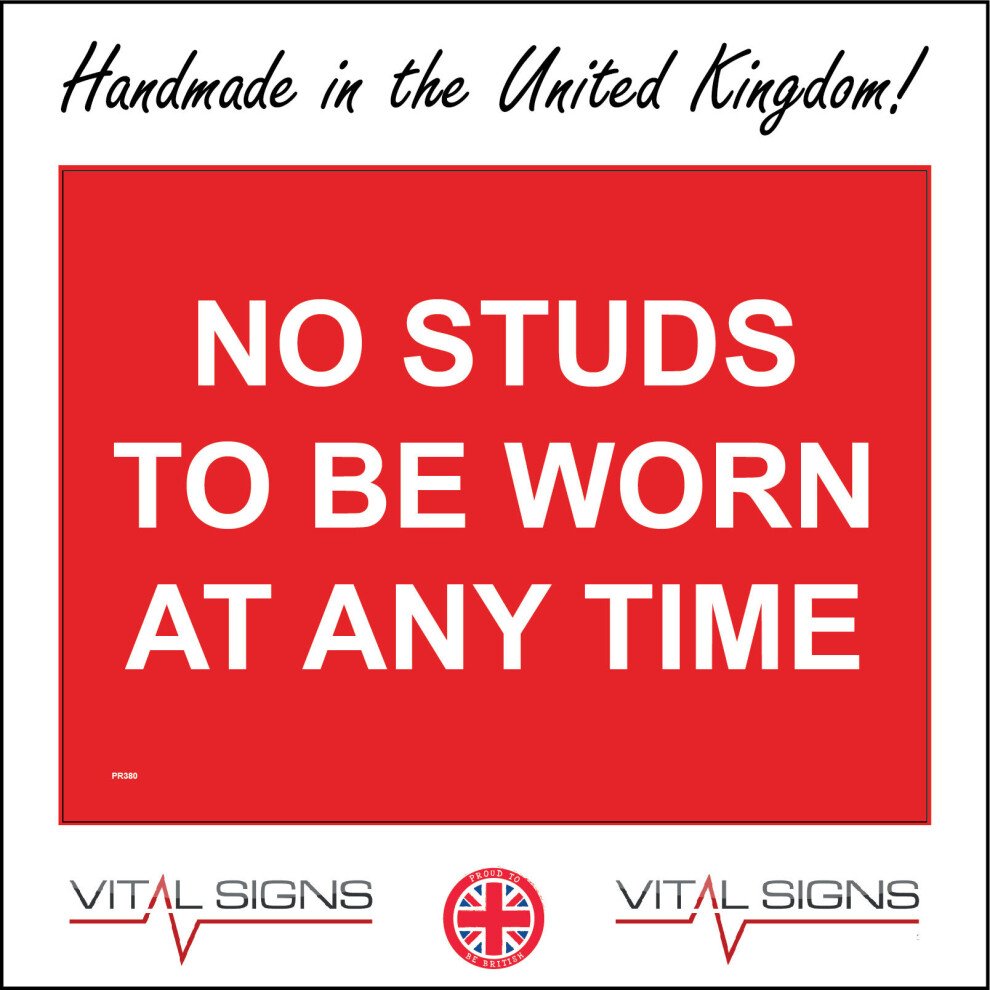 (300 x 200mm - 12 x 8, A - Sticker / Sav - Non-See Through) PR380 No Studs To Be Worn At Any Time Sign Factory Machinery Boots Floor Road 600mm x 450m-image-OPC-P8FCTFB-NEW