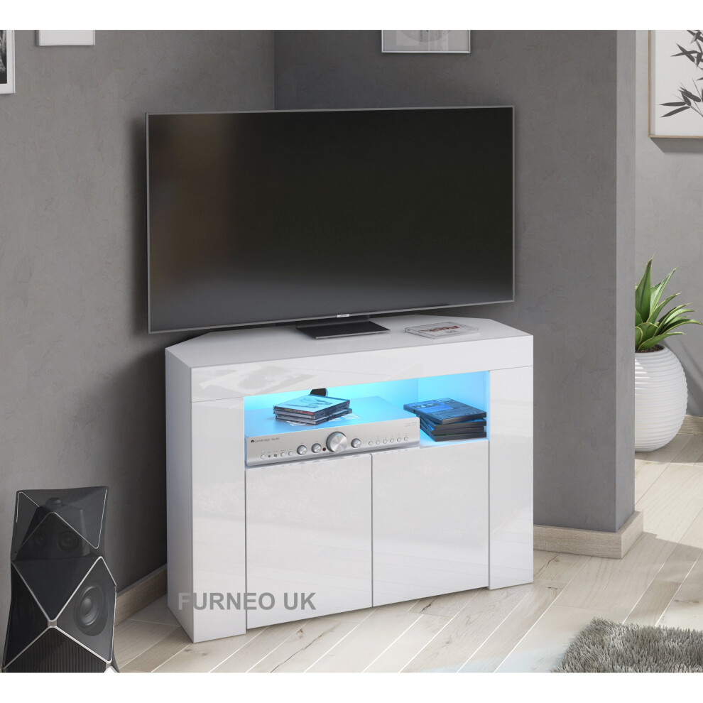 Furneo (Rgb (Multicoloured) Led Lights ) Corner Tv Stand Cabinet Gloss & Matt Unit Clifton07 Led Lights White