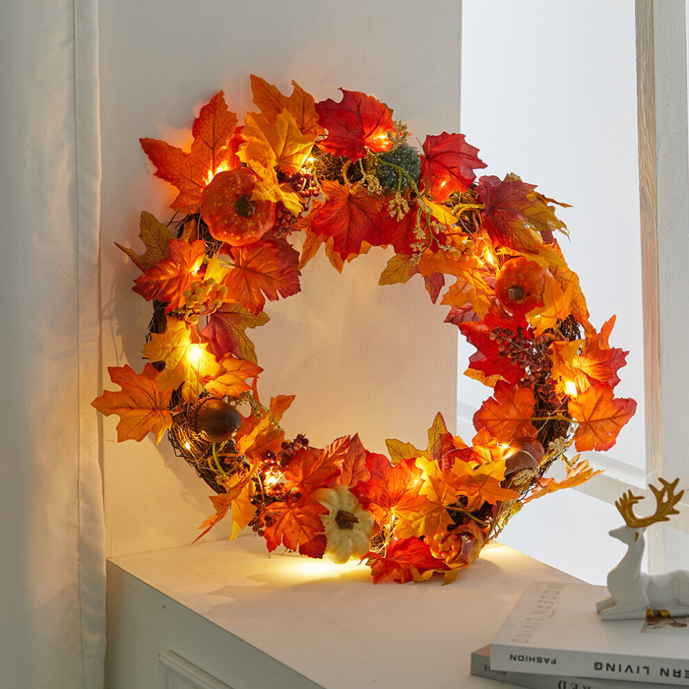 Living And Home (Acorn Grape 60Cm) Christmas Halloween Garland Artificial Maple Pumpkin Berry Wreath Rattan With Led Light