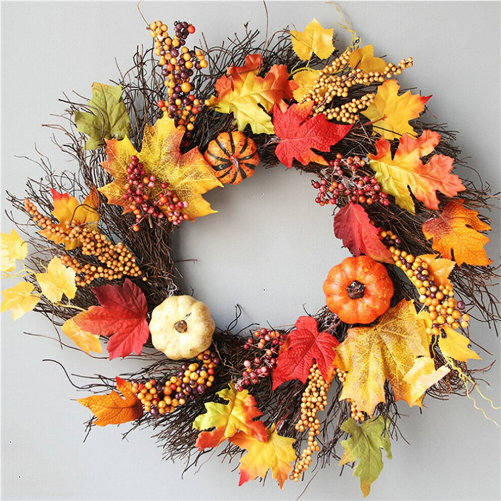 60CM Christmas Halloween Garland Autumn Leaf Artificial Maple Pumpkin Vine Wreath with LED Light