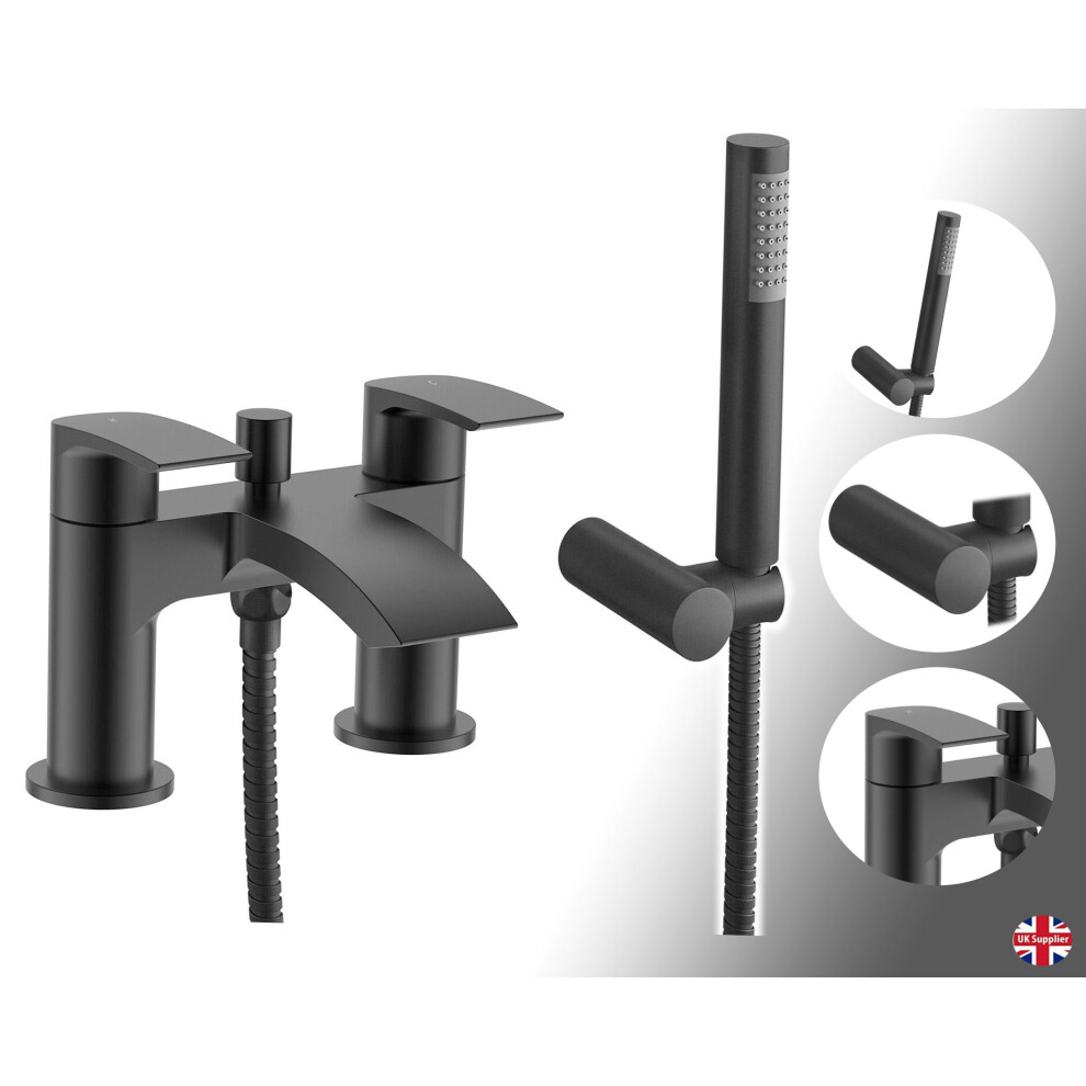 Matt Black Bath Shower Mixer Tap Incl Hose & Handset (Sleek) 5060651452479