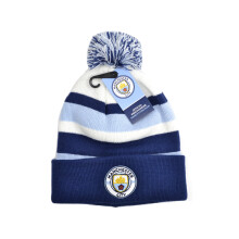Man City Bronx Turn Up Knitted Bobble Hat Sky Navy White