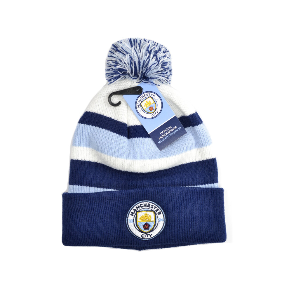 Manchester City Fc Man City Bronx Turn Up Knitted Bobble Hat Sky Navy White Blue,White