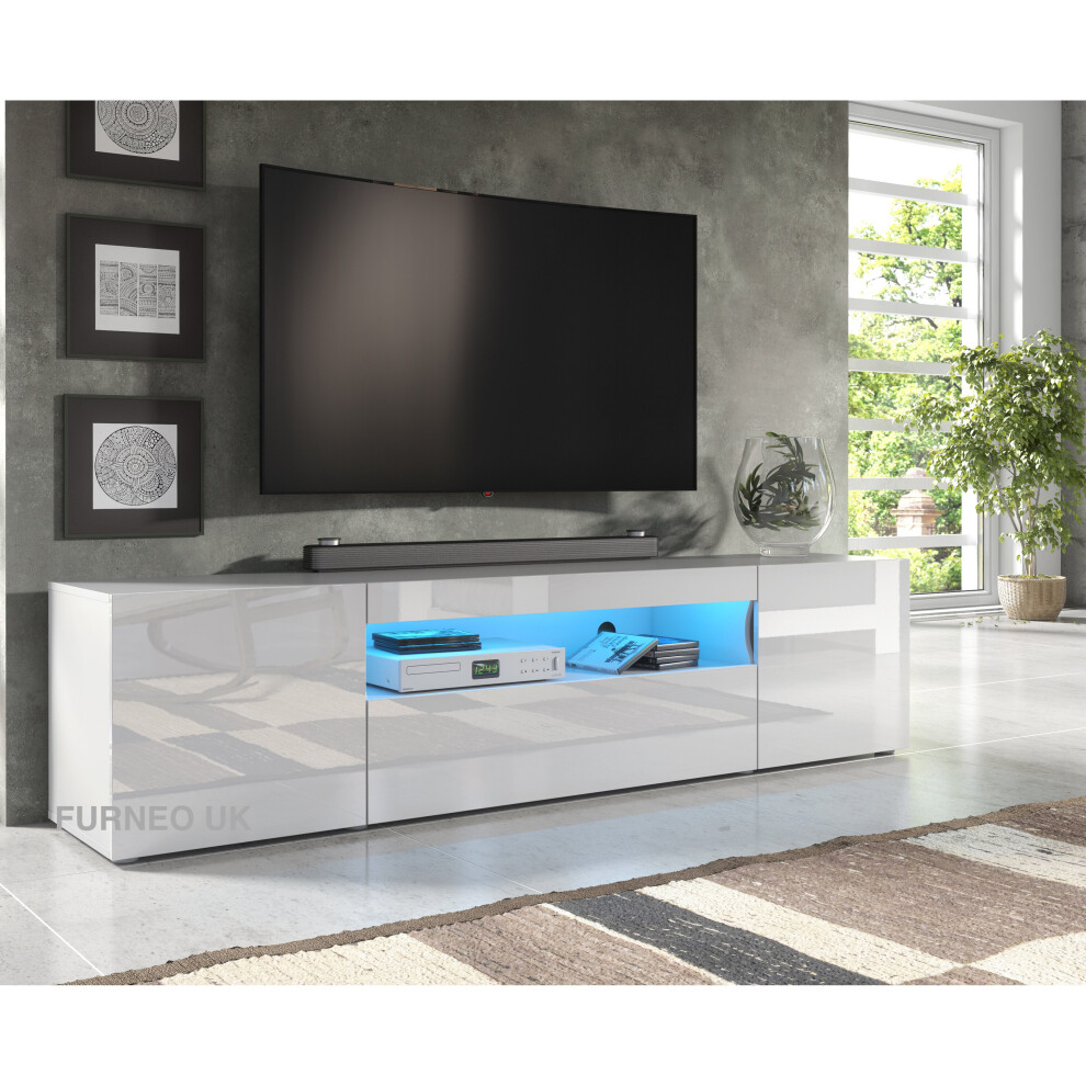 Furneo (Rgb (Multicoloured) Led Lights ) 200Cm Tv Stand Long Unit Cabinet Matt & Gloss Clifton08 Led Lights White