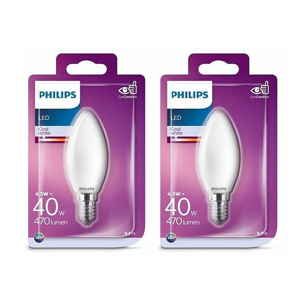 Philips 4.3W ( 40W ) Led Candle Bulb, Ses, E14, Cool * 2 Pack ** White