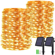 (Warm White-2 Pack) Solar Fairy Lights Outdoor, 85ft 240 LED 2 in 1 Warm White & White Color Changing Copper Wire String Lights, 11