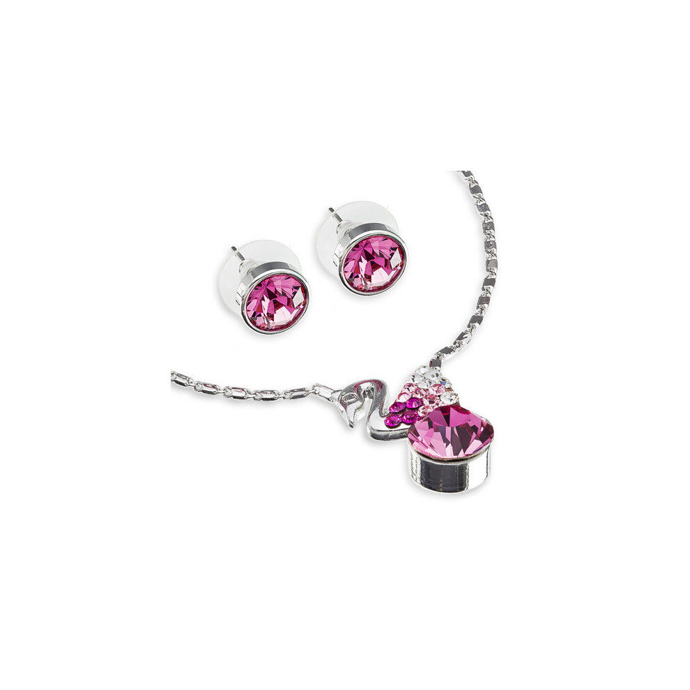 (Pink) Janeo Womens Necklace & Earrings Swan Set, Swiss Crystal Elements Timeless Gift Idea for Anniversary & Christmas.