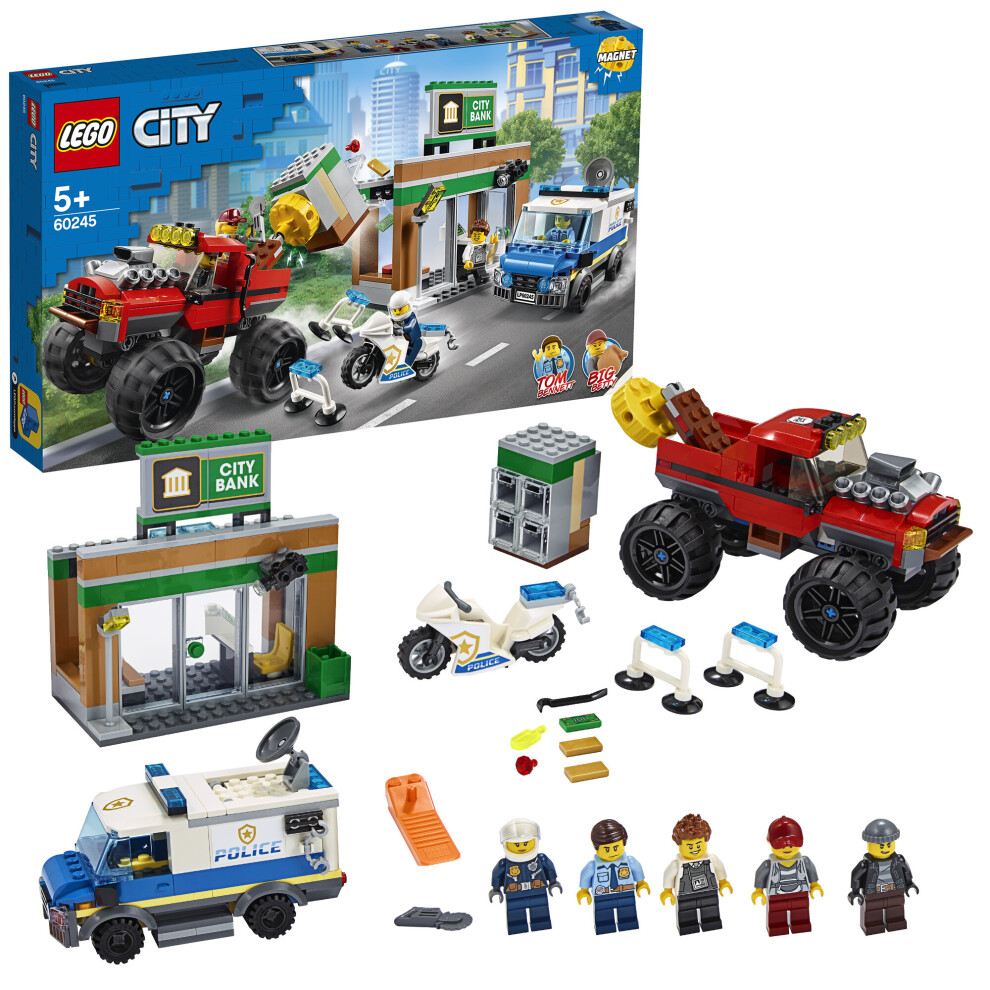 LEGO 60245 City Police Monster Truck Heist Building Set with Van, Motorbike, Bank, and Magnetic Brick