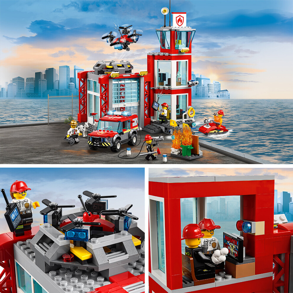 LEGO 60215 City Fire Station Garage Building Set with Truck Toy Water Scooter Drone and 3 Firefighter Minifigures Fireman Toys for Kids on OnBuy