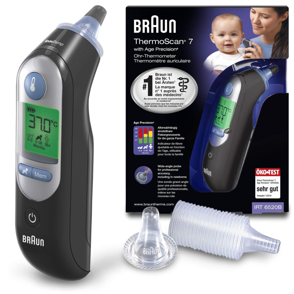 Braun ThermoScan 7 Ear thermometer with Age Precision, Black Edition (accurate, convenient, temperature screening, fever, fast, easy to use)