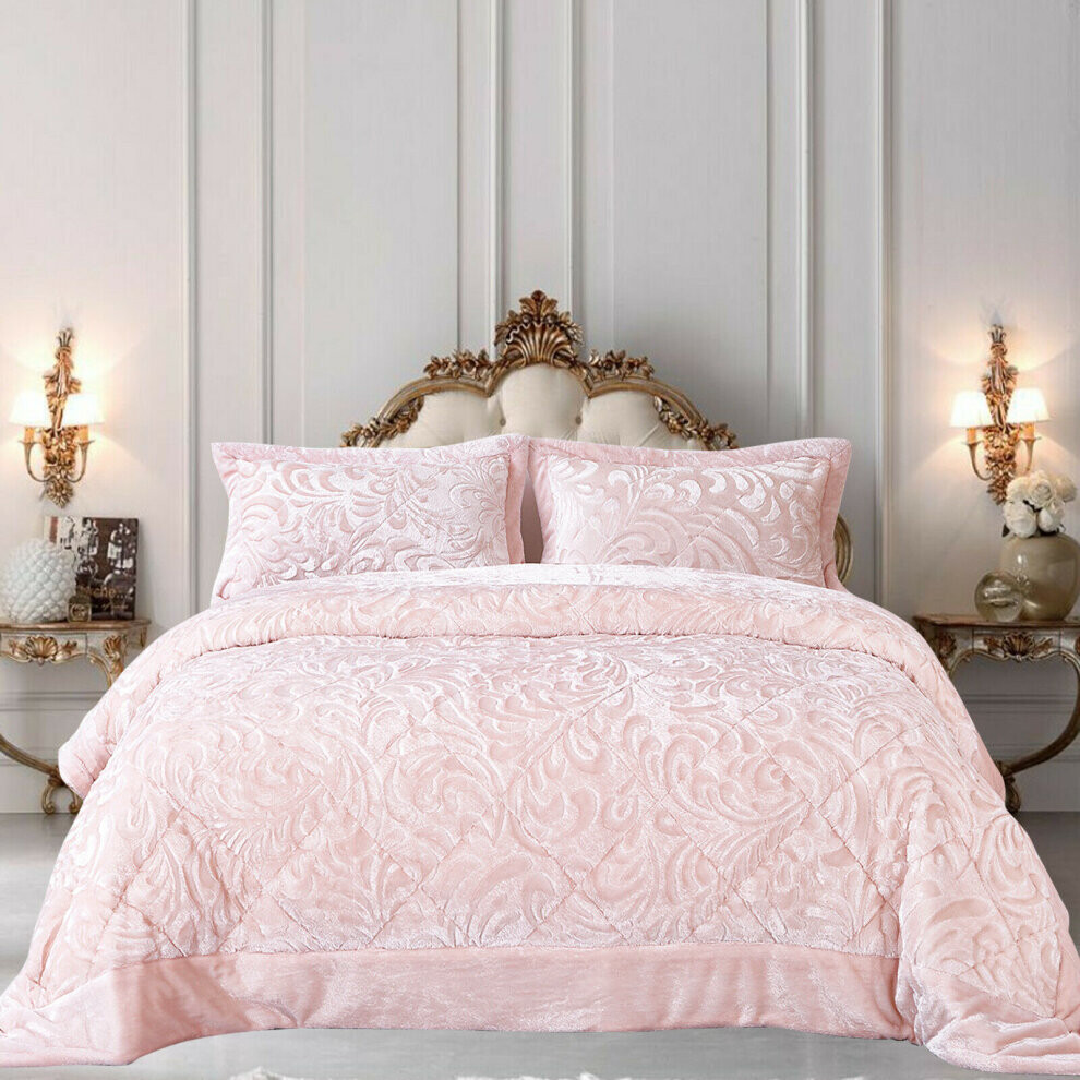 (Pink-Teddy, Double) Luxury Quilted 3 PCs Velvet Bedspread Bed Throw Set