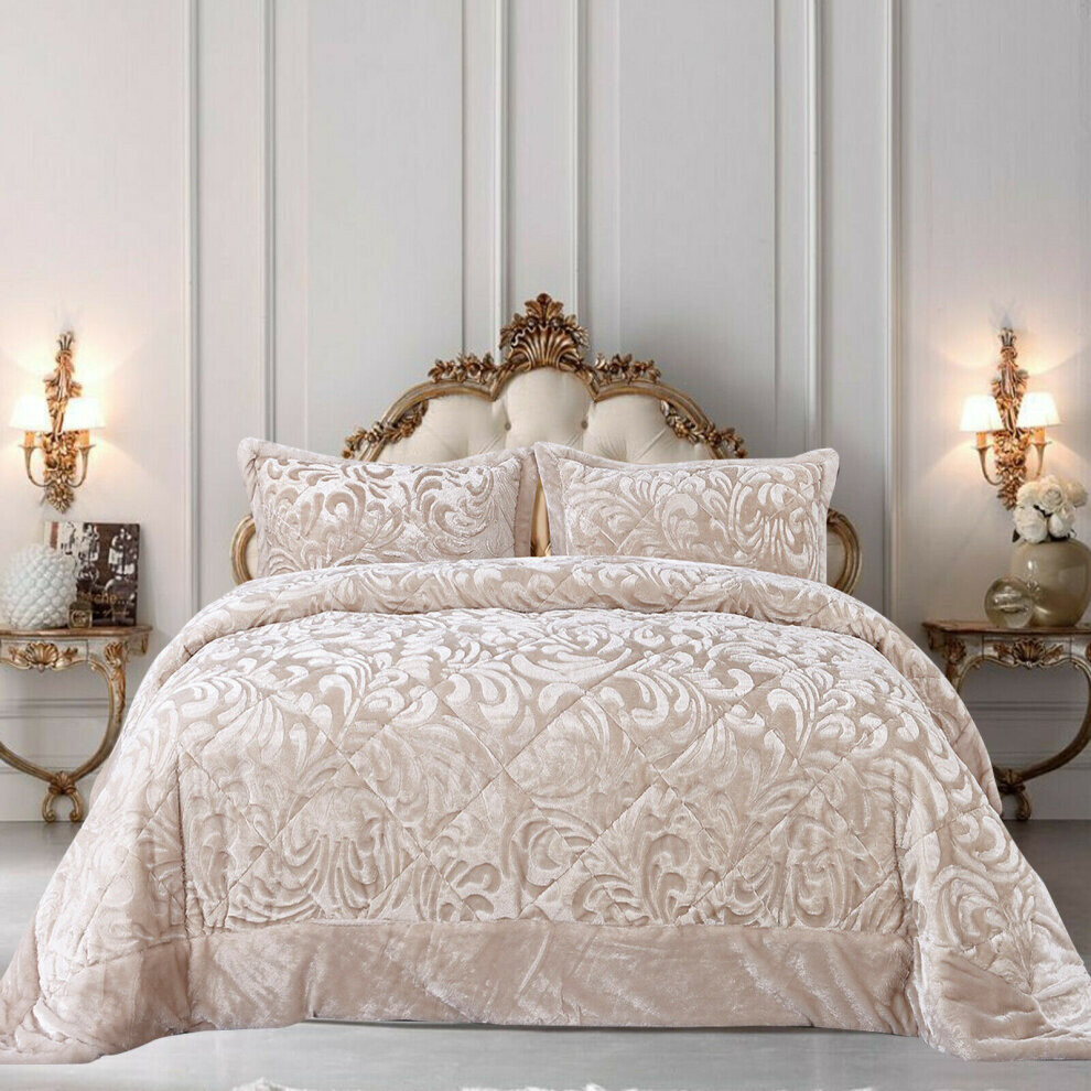 (Beige-Teddy, Super King) Luxury Quilted 3 PCs Velvet Bedspread Bed Throw Set