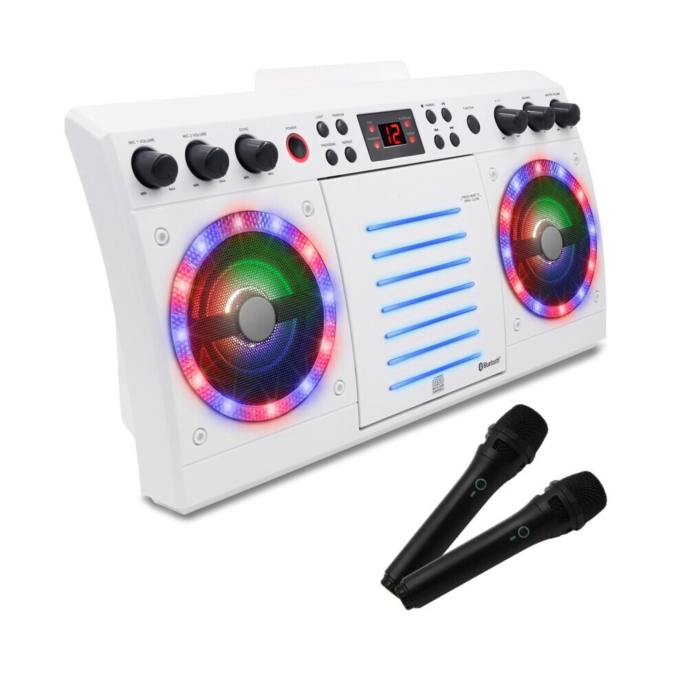 (Wireless Microphones, 200 Songs) Beatbox Karaoke Machine CDG/CD+G. Built in Disco Lights. Includes 2 Microphones & Party Songs