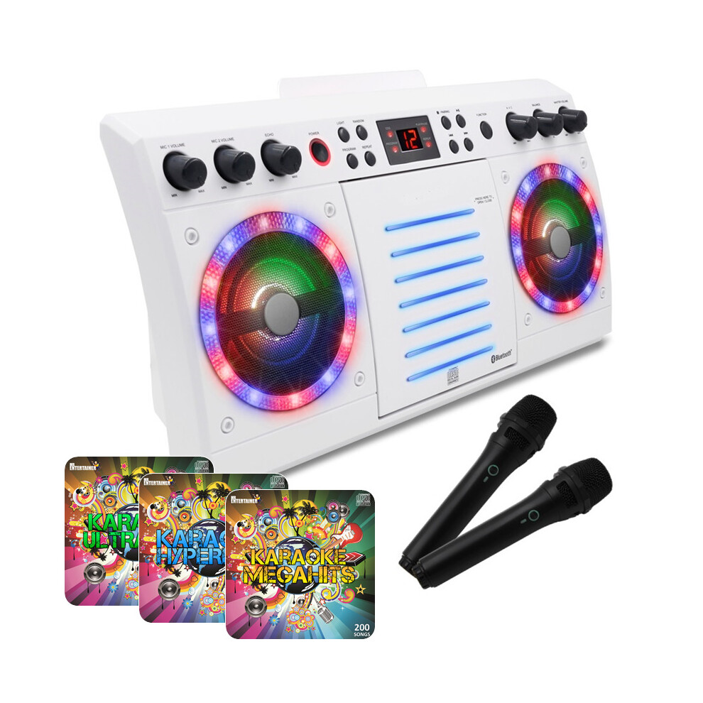 (Wireless Microphones, 600 Songs) Beatbox Karaoke Machine CDG/CD+G. Built in Disco Lights. Includes 2 Microphones & Party Songs