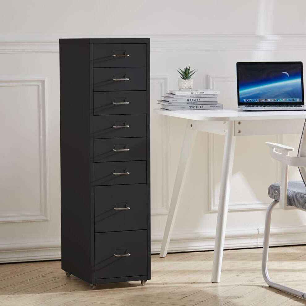 (Black) 8-Drawer Metal Office Filing Cabinet Compact Storage w/ Wheels