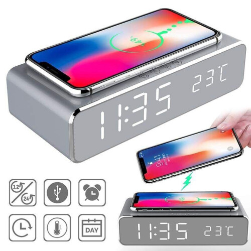 Led Display Wireless Charger Desk Bedside Table Alarm Clock 1