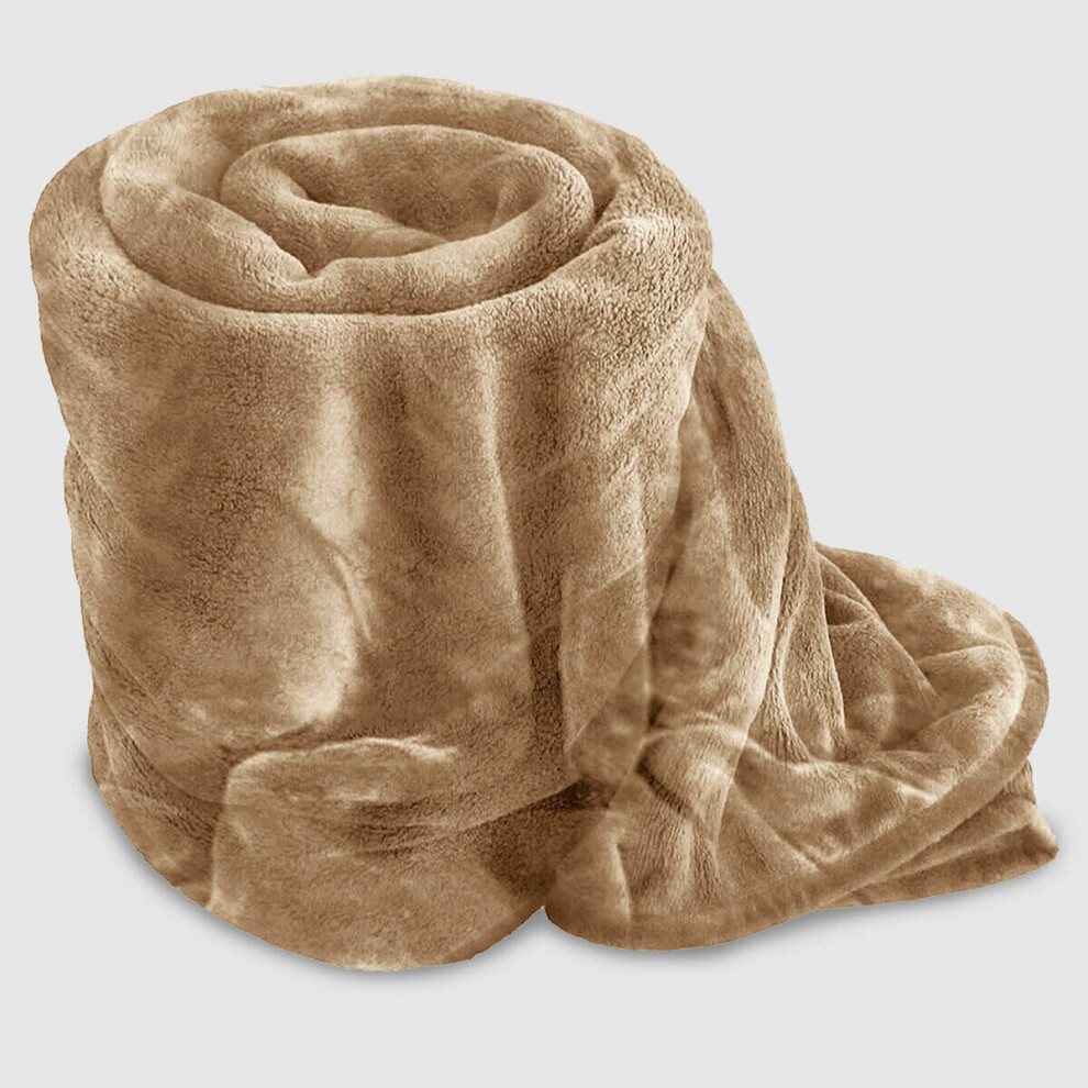 (Beige, Double) Fleece Blanket Large Sofa Throw Mink Double & King