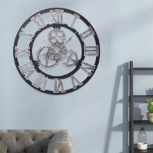 (Silver) 58CM Skeleton Metal Roman Numeral Gear Clock Giant Open Round Face Wall