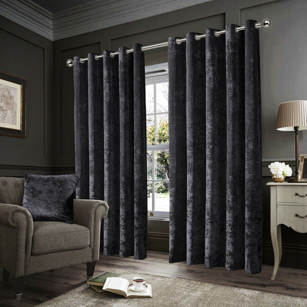 Imperial Rooms (Charcoal, 46" X 54" (116Cm X 137Cm)) Crushed Velvet Out Curtains Eyelet Ring Top Readymade Drapes Black