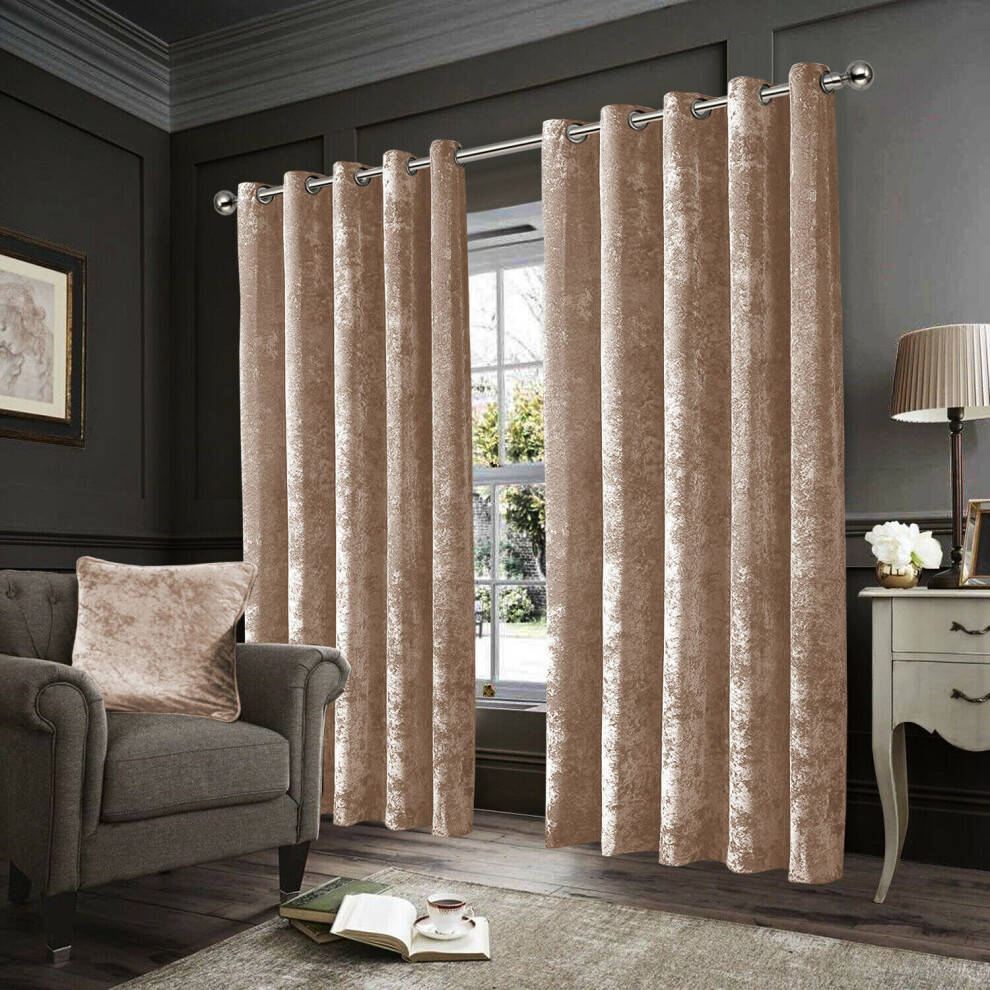 (Beige, 66" x 90" (168cm x 228)) Velvet Curtain Eyelet Ring Top Luxury Drapes Interior Decor Classic Style Curtains