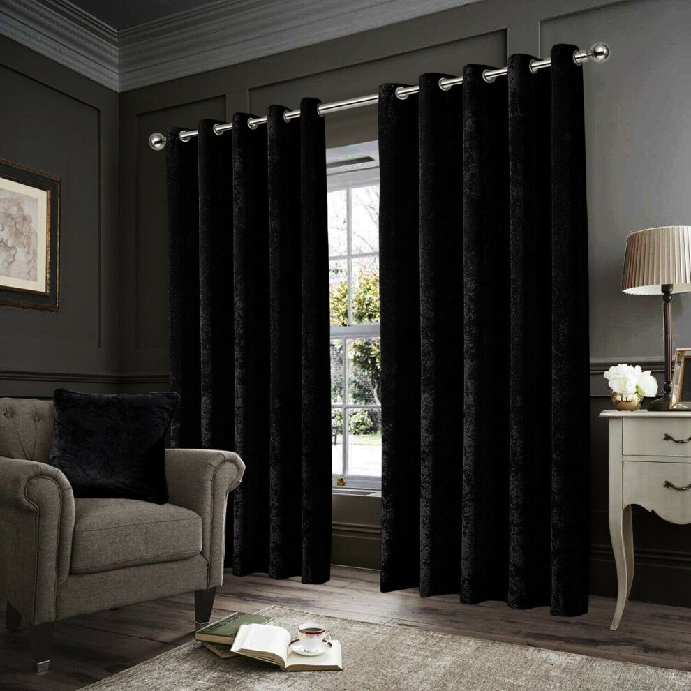 Imperial Rooms (, 90" X 90" (228Cm X 228Cm)) Crushed Velvet Out Curtains Eyelet Ring Top Readymade Drapes Black