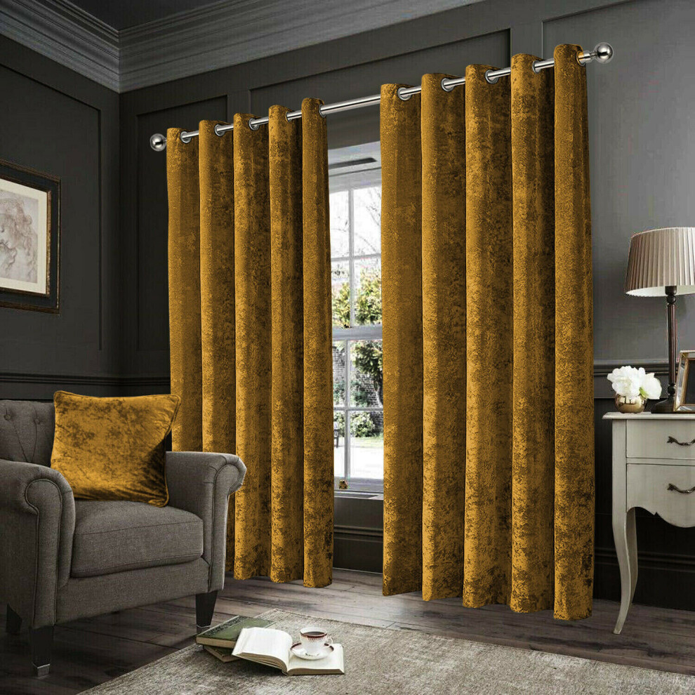 (Ochre, 46" x 54" (116cm x 137cm)) Velvet Curtain Eyelet Ring Top Luxury Drapes Interior Decor Classic Style Curtains