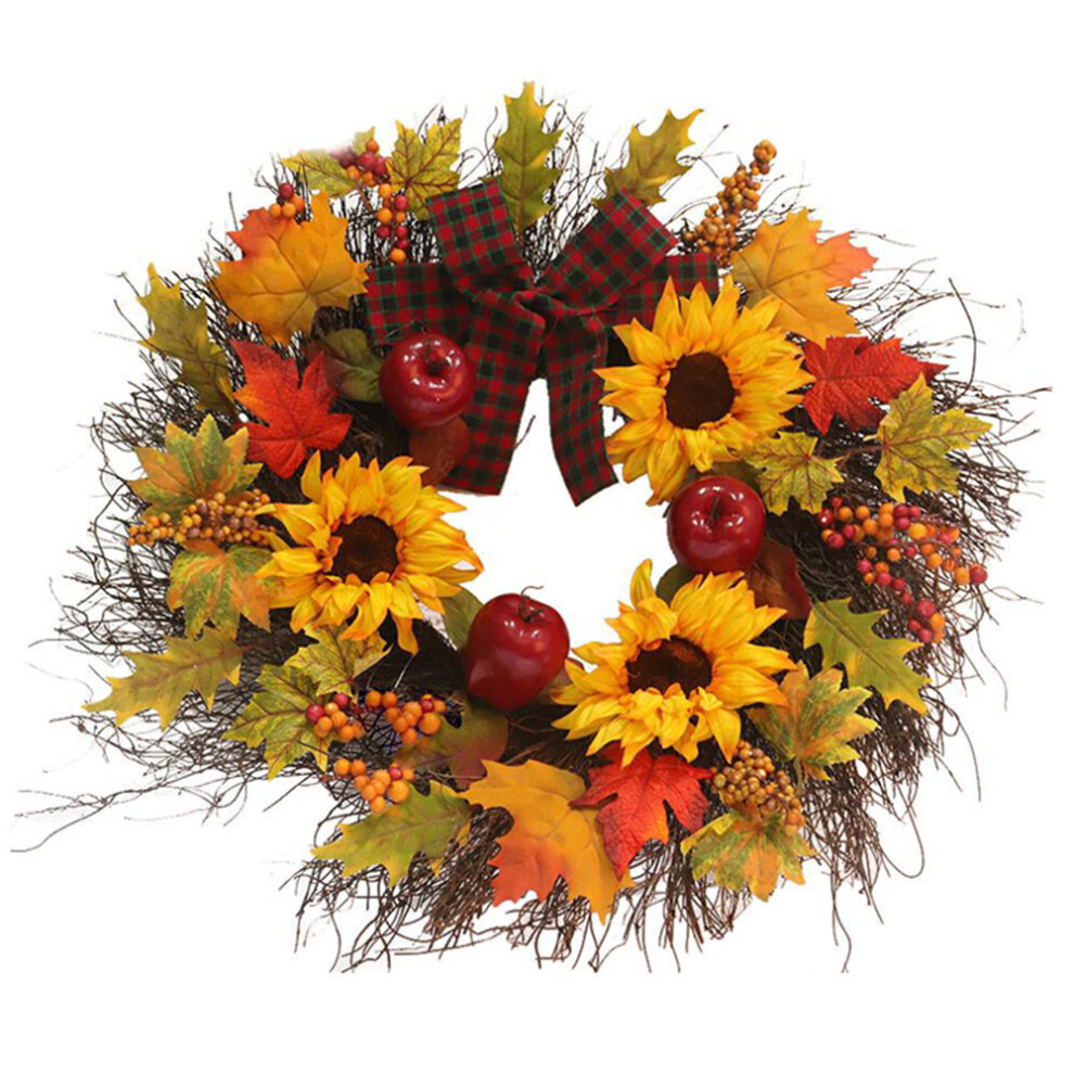 (Sunflower 45CM) Christmas Halloween Garland Artificial Maple Pumpkin Berry Wreath Rattan with LED Light