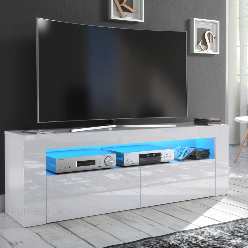 (White LED Lights) White TV Stand 145cm Unit Cabinet Matt & High Gloss Clifton13 LED Lights