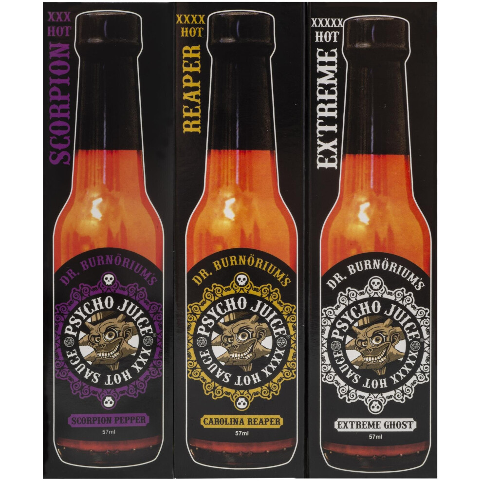 Psycho Juice Gift Set Mini Three Pack Hot Pepper Chilli Sauce 3 x 59 ml Bottles