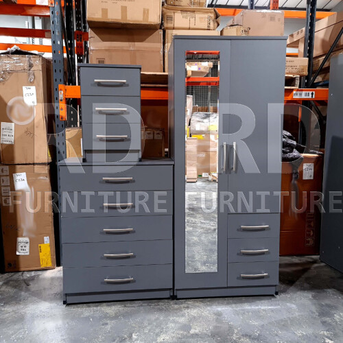RD Furniture Ready assembled 3 Pcs Classic 2 Door Mirrored Combi Wardrobe, Chest And Bedside Set Grey 1