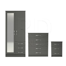 Ready assembled 3 Pcs Classic 2 Door Mirrored Combi Wardrobe, Chest And Bedside Set Grey