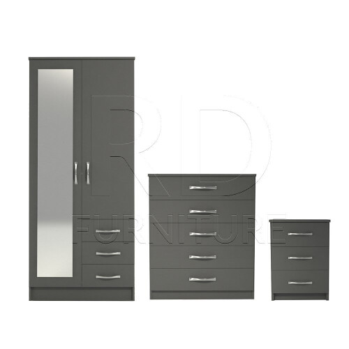 RD Furniture Ready assembled 3 Pcs Classic 2 Door Mirrored Combi Wardrobe, Chest And Bedside Set Grey