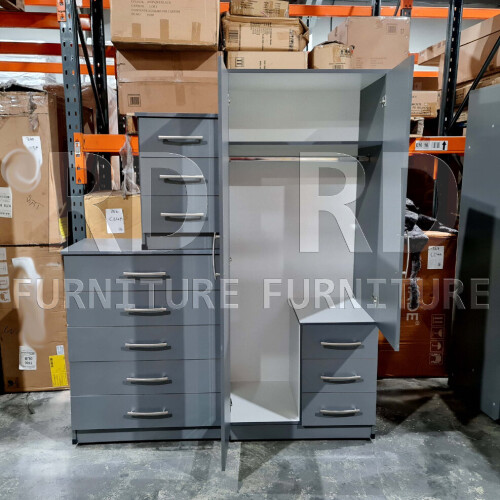 RD Furniture Ready assembled 3 Pcs Classic 2 Door Mirrored Combi Wardrobe, Chest And Bedside Set Grey 2