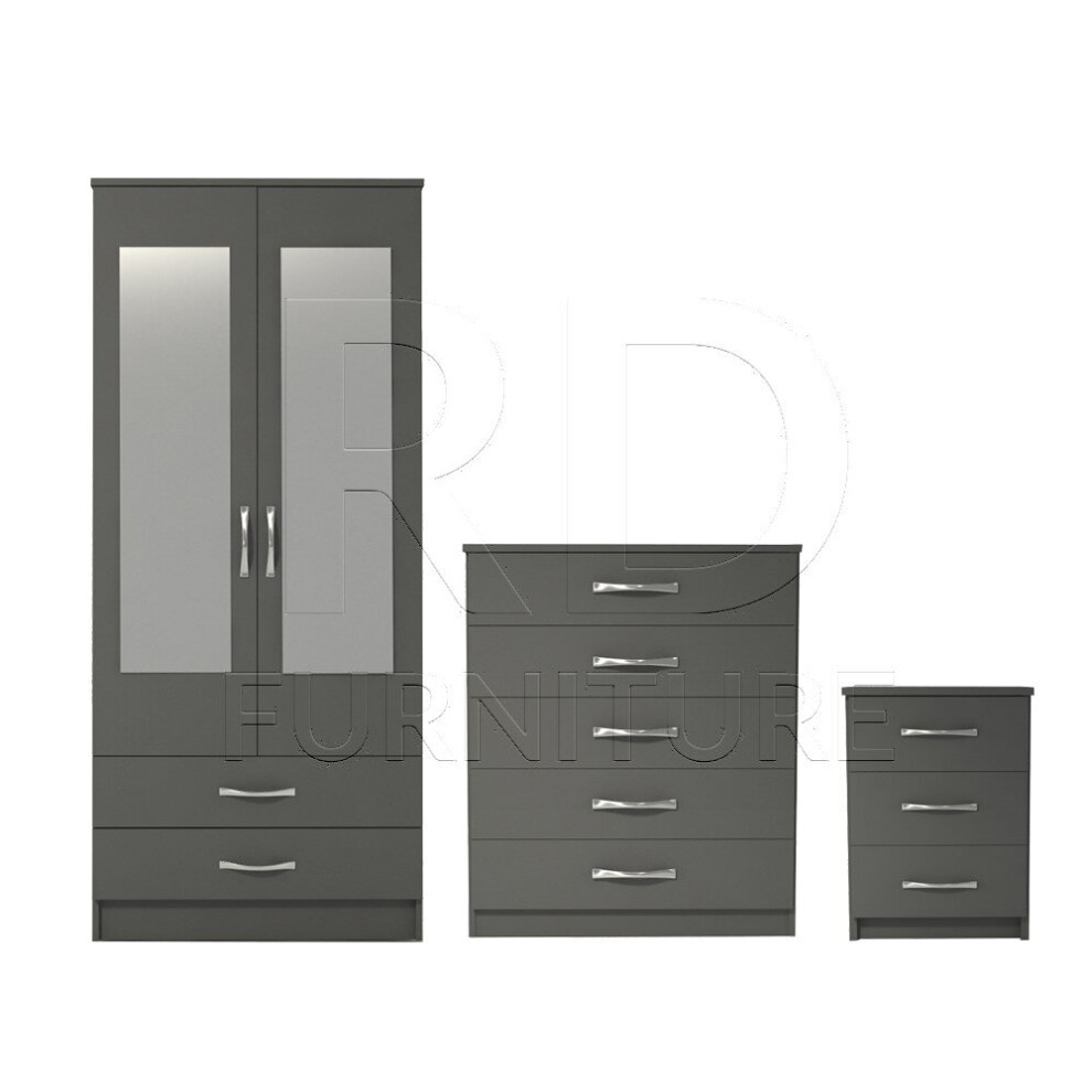 Rd Furniture Ready-Assembled Wardrobe, Chest & Bedside Set Grey