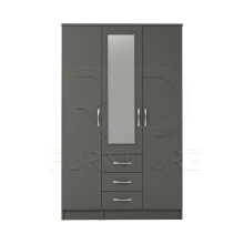 Ready assembled Classic 3 Door 3 Drawer Combi Mirrored Wardrobe Grey