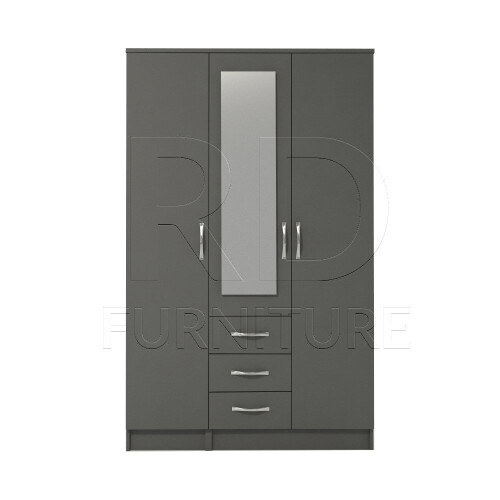 RD Furniture Ready assembled Classic 3 Door 3 Drawer Combi Mirrored Wardrobe Grey